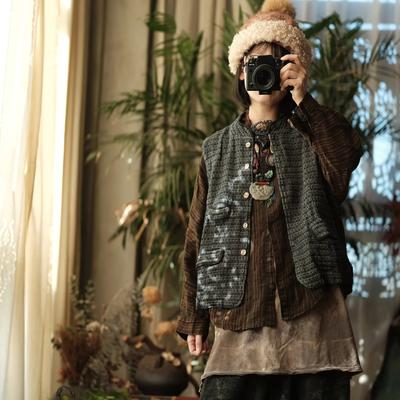 Damen Vintage Mäntel Alt Blau Stehkragen Knopfleiste Taschen Chinesischer Stil Damenmäntel