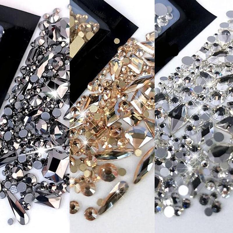 170Pcs Mixed Round Crystal Clear Nail Art Rhinestone Champagne AB Flatback Glitter Diamond Nail Charms Glass Gems Manicure Parts