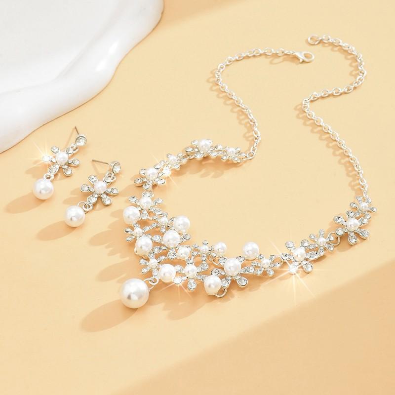Elegant Korean-Style Bridal Jewelry Set Sunflower Pearl Earrings Necklace Alloy Rhinestone Wedding Accessories Women