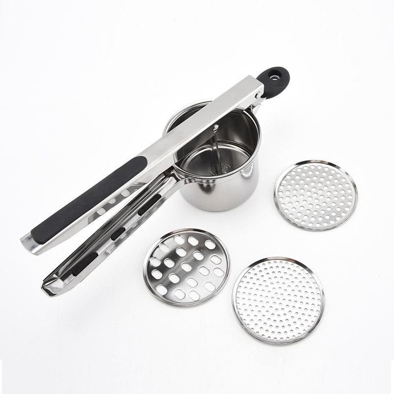 

Stainless Steel Potato Masher Manual Press French Fries Cutter Dispenser Crusher Making Squeezer With 3/4 Interchangeable Discs