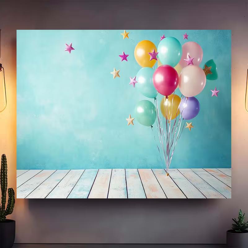 Sfondo Palloncino Piatto 2D Muro Turchese con Stelle Sfondo Fotografico per Feste