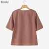 ZANZEA Women Casual Round Neck Half Sleeve Loose Plaid Print Blouse