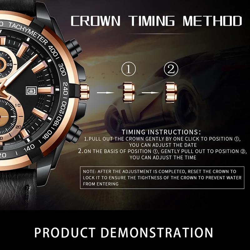 Quartz Machine Core Men Watch Waterproof Luminous Pointer Calendar Casual Leather Strap Wristwatch