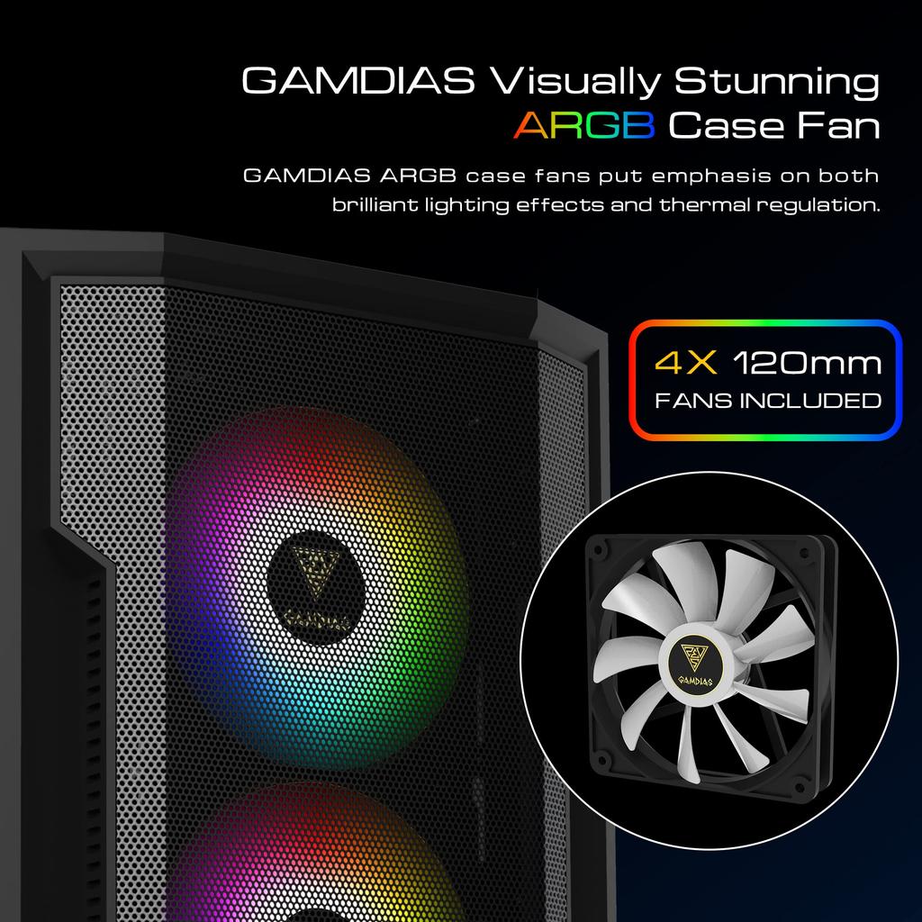 GAMDIAS ATHENA M6 LITE Gaming PC Case Mid-Tower ATX Case Seamless Tempered Glass Windows 4 Built-in 120mm ARGB Fan Triple Sides Underglow Mesh Front
