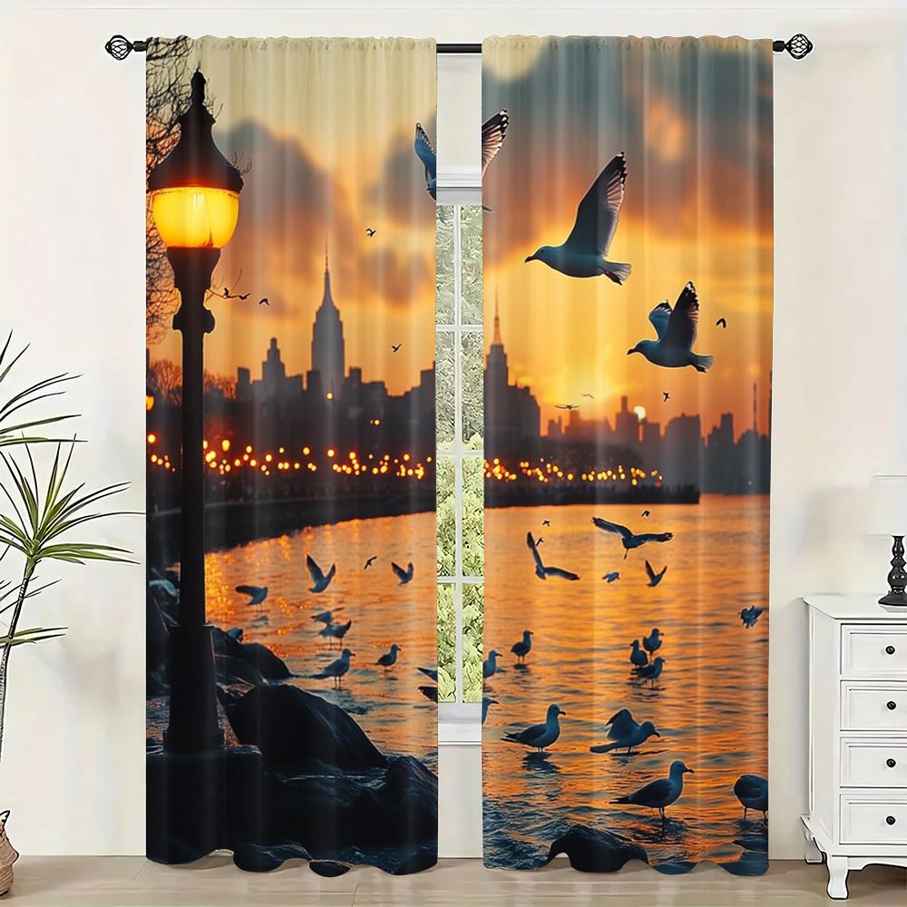 

2pc, Scene Curtains Golden Sunset Seagulls Durable 100% Polyester Fabric,Without Electricity Family Party Perfect for Indoor 29x65in(75x166cm)