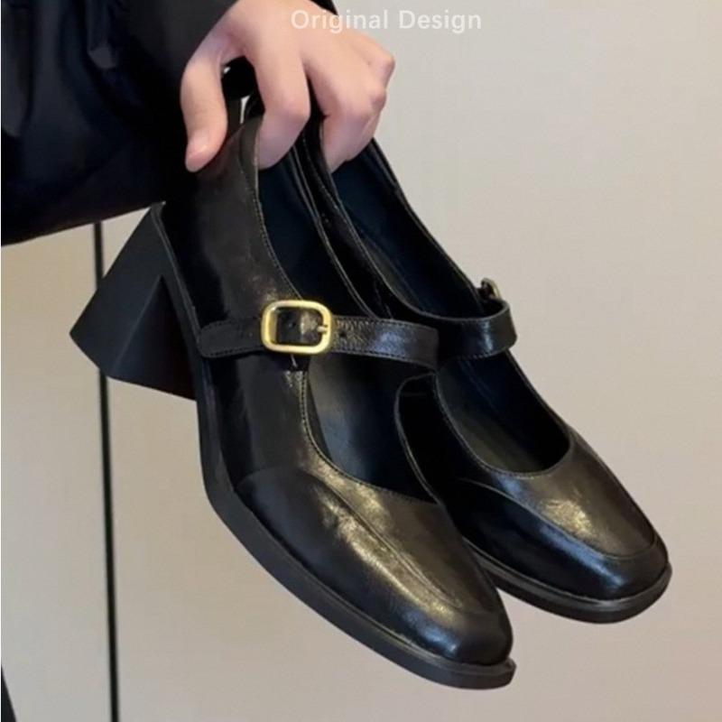 Soft Leather Retro Single Shoes for Women with Thick Heels, Not Tiring On The Feet, Square Toe Shoes