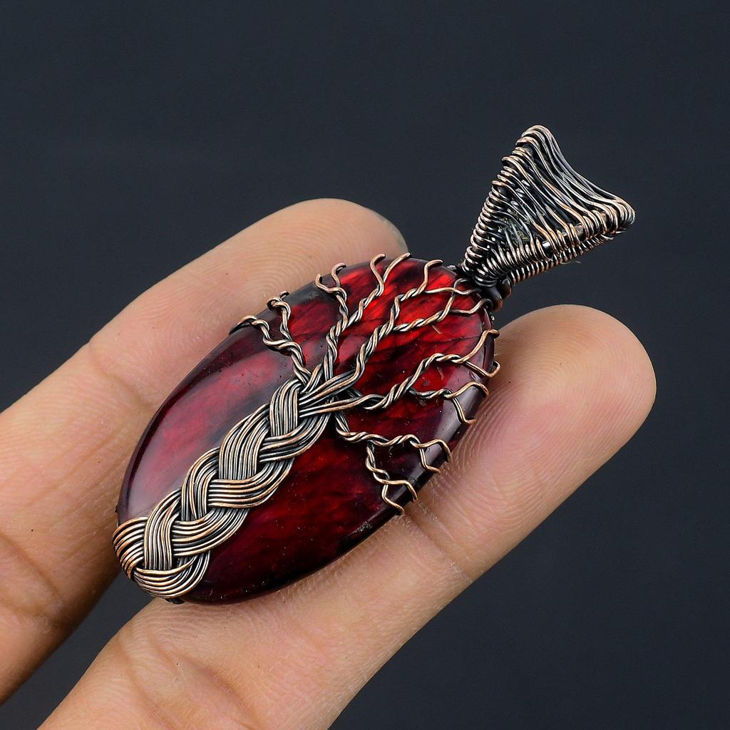 Red Flash Labradorite Pendant, 999 Copper Wire Wrapped Jewelry, Gemstone Jewelry Pendant, Handmade Wedding Gift Jewelry