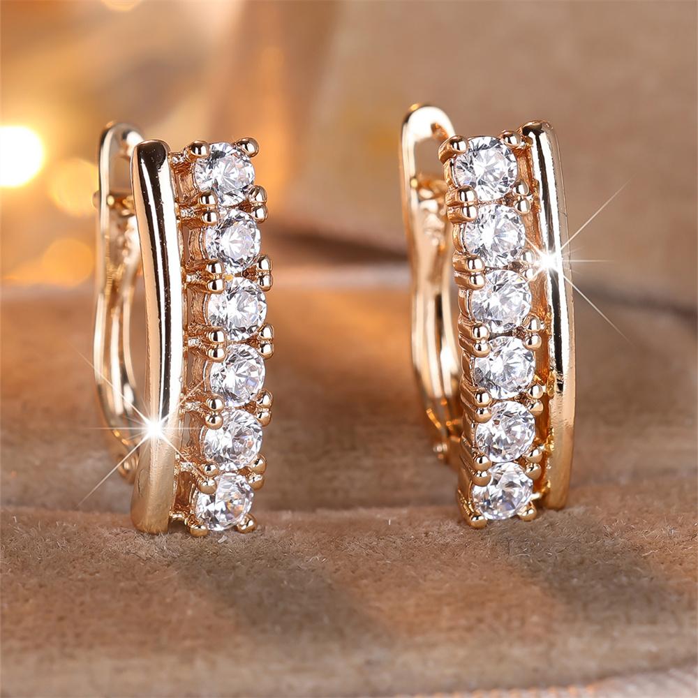 Single Row Round Stone White Zircon Hoop Earrings For Women Vintage Gold Color Wedding Party Jewelry