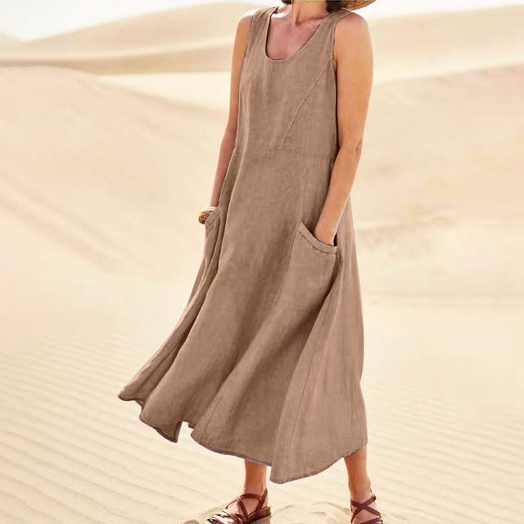 Women's Fashion Casual Colour Sleeveless Cotton Linen Pocket Dress