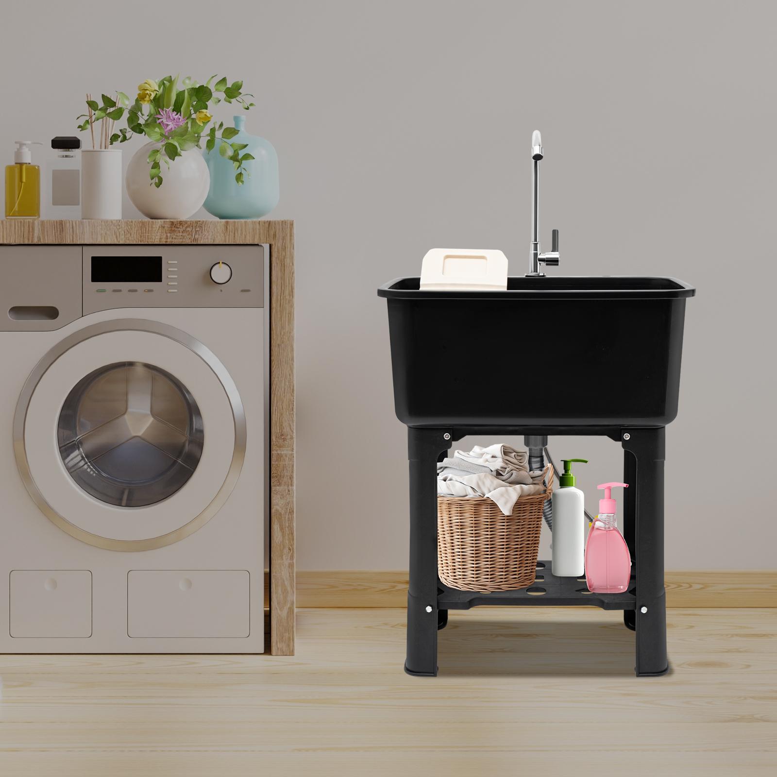 

Отдельностоящая хозяйственная раковина с краном, полкой для хранения и поворотным изливом на 360° - Черная полипропиленовая современная прачечная раковина, одно отверстие для смесителя чёрный