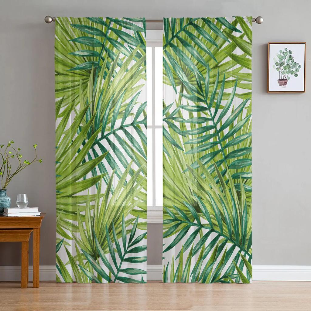 Light Filtering Green Branches Plant Leaves Tulle Curtains Living Room Bedroom Decoration Transparent Chiffon Voile Window Curtain Polyester Washable