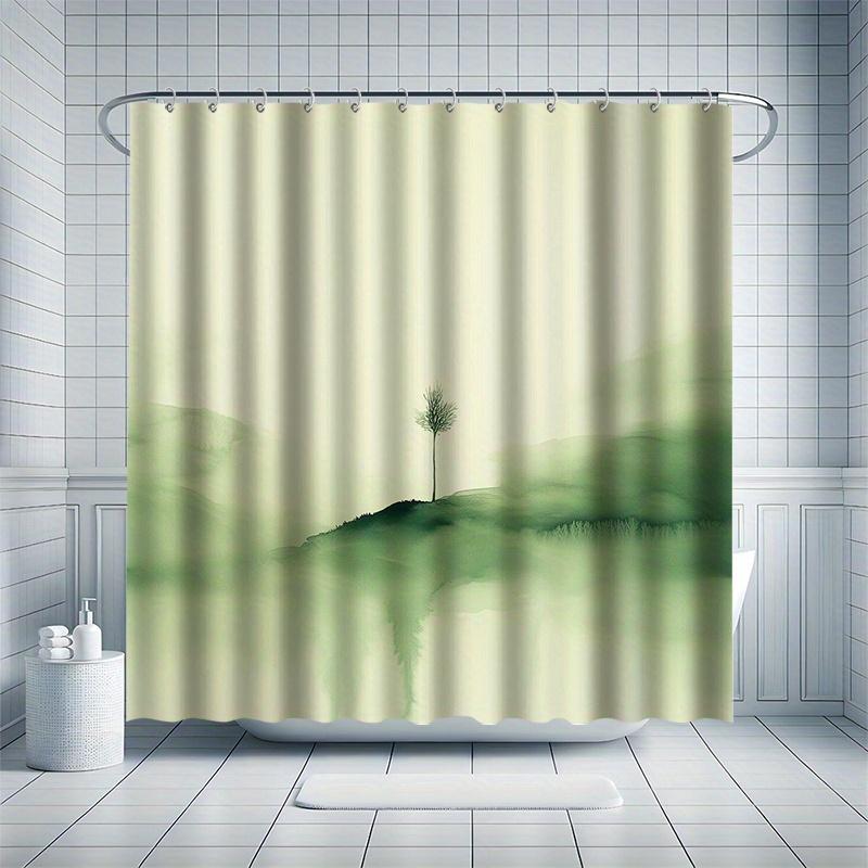 A Small Tree Shower Curtain Set, Green Ink Style, Full Of Vitality, 12 Hooks, Polyester, Bathtub Partition, Modern Bath Decor