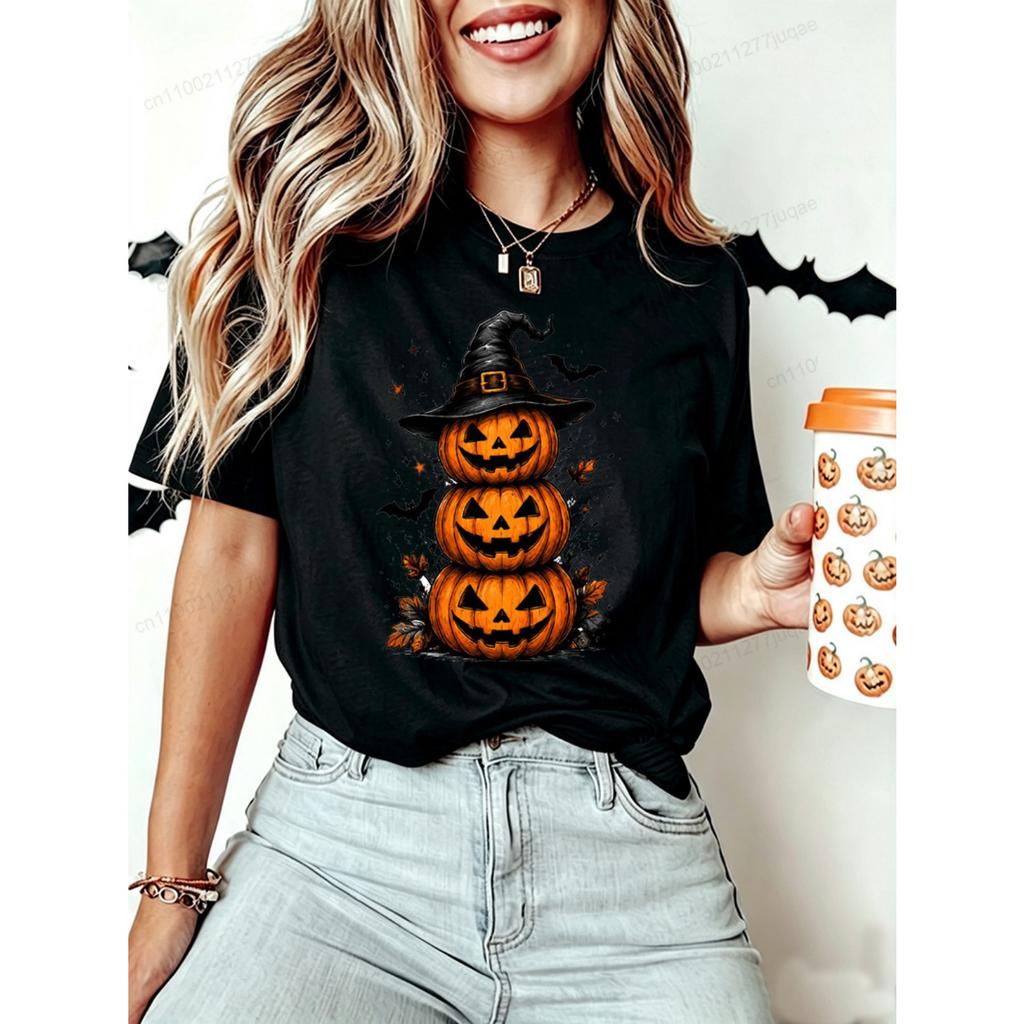 Women Halloween Pumpkin Witch Hat Print T‑Shirt Spooky Bat Graphic Tees Casual Short Sleeve Tops Halloween Party Female T‑shirt