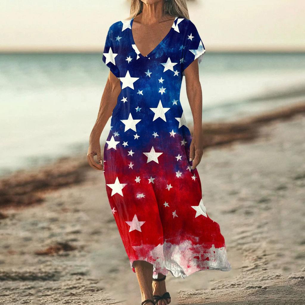 Sommerkleid Damen Lang Strandkleid Elegantes Kleid V-Ausschnitt Kurzarm Sommerkleid Leicht Luftig