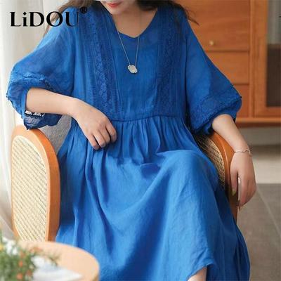 Zomer Etnische Stijl Katoen Linnen Jurk Dames Losse Casual Vintage Patchwork Robe Femme Halve Mouw Effen Kleur V-hals Vestido