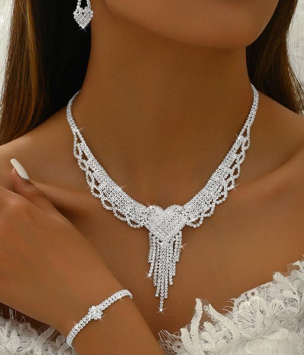 Hollow Leaf Necklace Earrings Bracelet Ring Four-Piece Set Bridal Wedding Rhinestone Accessories