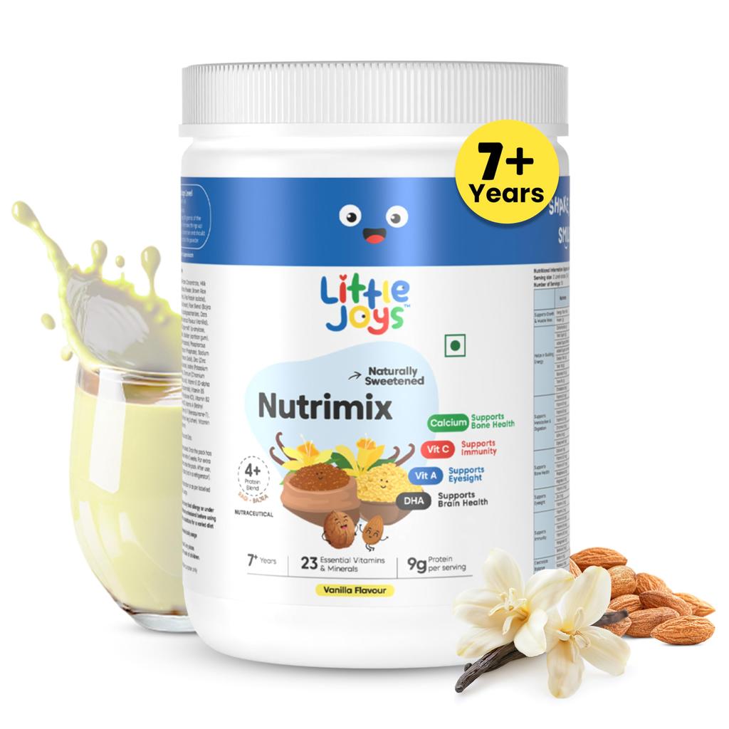 Little Joys Vanilla Nutrimix 7+ (350g) | 7-12 Years | Naturally Sweetened with Dates & Jaggery | With 23 Essential Vitamins & Minerals | 9g Prote