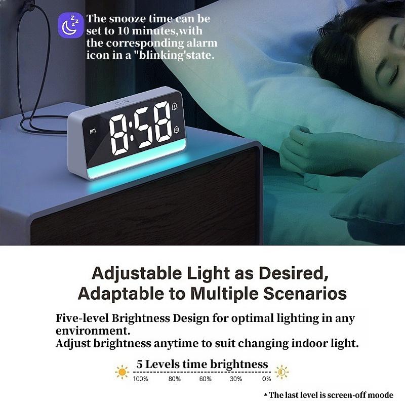 LED Digital Alarm Clock with Colorful Mood Light Night Mode Snooze 12/24H 5 Levels Brightness 2 Alarm DST Table Clock