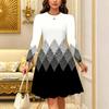 Women Long Sleeve Round Neck Midi Dress Abstract Geometric Floral Plum Blossom Stripe Dot Print Flared Dress