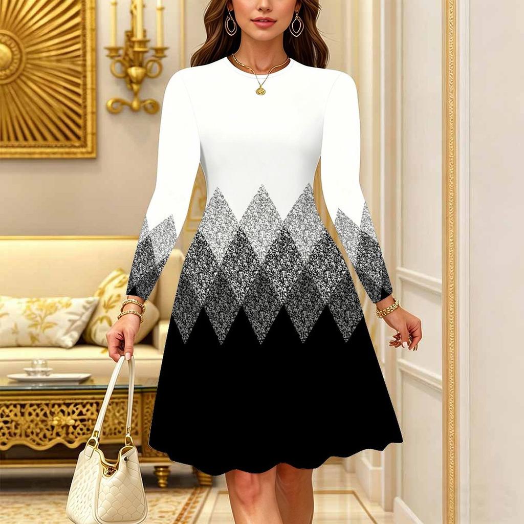 Women Long Sleeve Round Neck Midi Dress Abstract Geometric Floral Plum Blossom Stripe Dot Print Flared Dress
