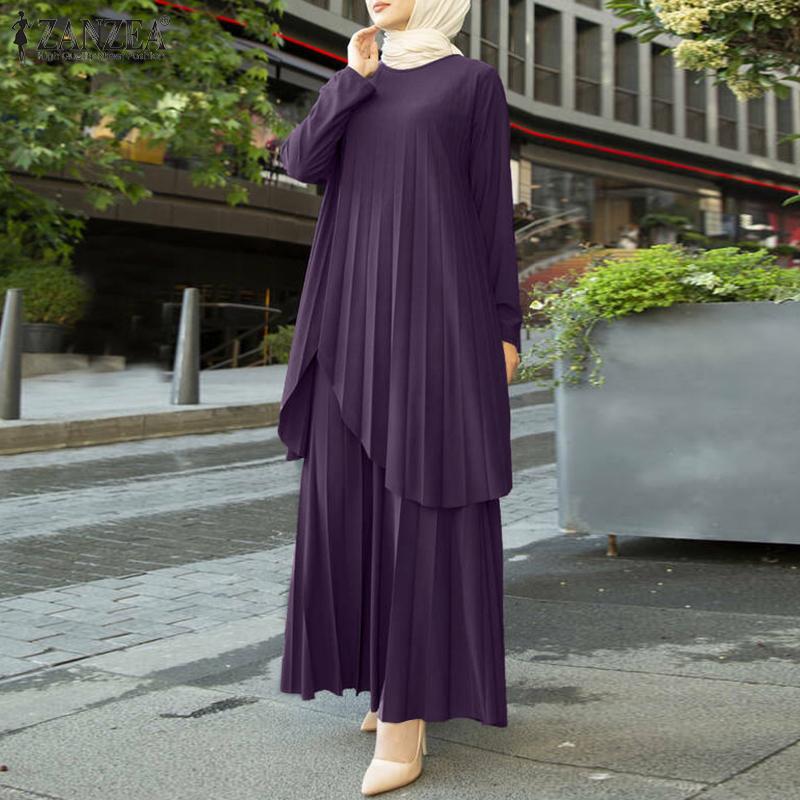 

ZANZEA Плиссированные наряды, женская длинная блузка и брюки, повседневный костюм из двух предметов