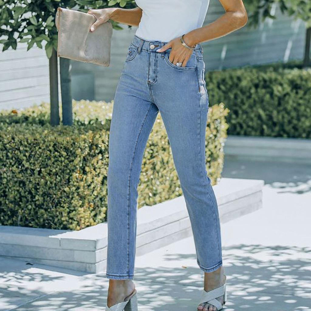 Ladies' Solid Color Casual Pants Versatile Slim Fit Straight Leg Denim Jeans