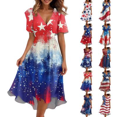 Women's Loose Casual  V-Neck Flared Skirt Short Sleeved Printed Dress Printed Dress