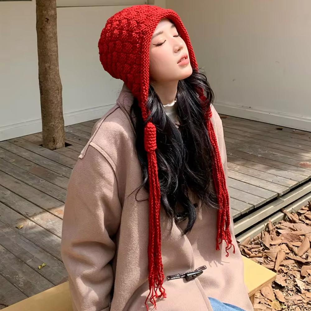 Keep Warm Knitted Hat with Long Tassels Button Ear Protection Hat Sweet Crochet Lei Feng Hat  Daily