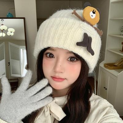 Cute Pullover Hat for Women Autumn and Winter Bear Patch Woolen Hat Korean Style Versatile Warm Ear Protection Cute Knitted Hat