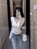 Women's Autumn/Winter White V-Neck Lace Velvet Lined Slim-Fit Top