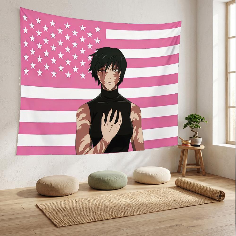 JJujutsu Kaisen Maki Zenin Tapestry Pink American Flag Anime Wall Hanging Manga Character Poster Tapestry for Bedroom Otaku