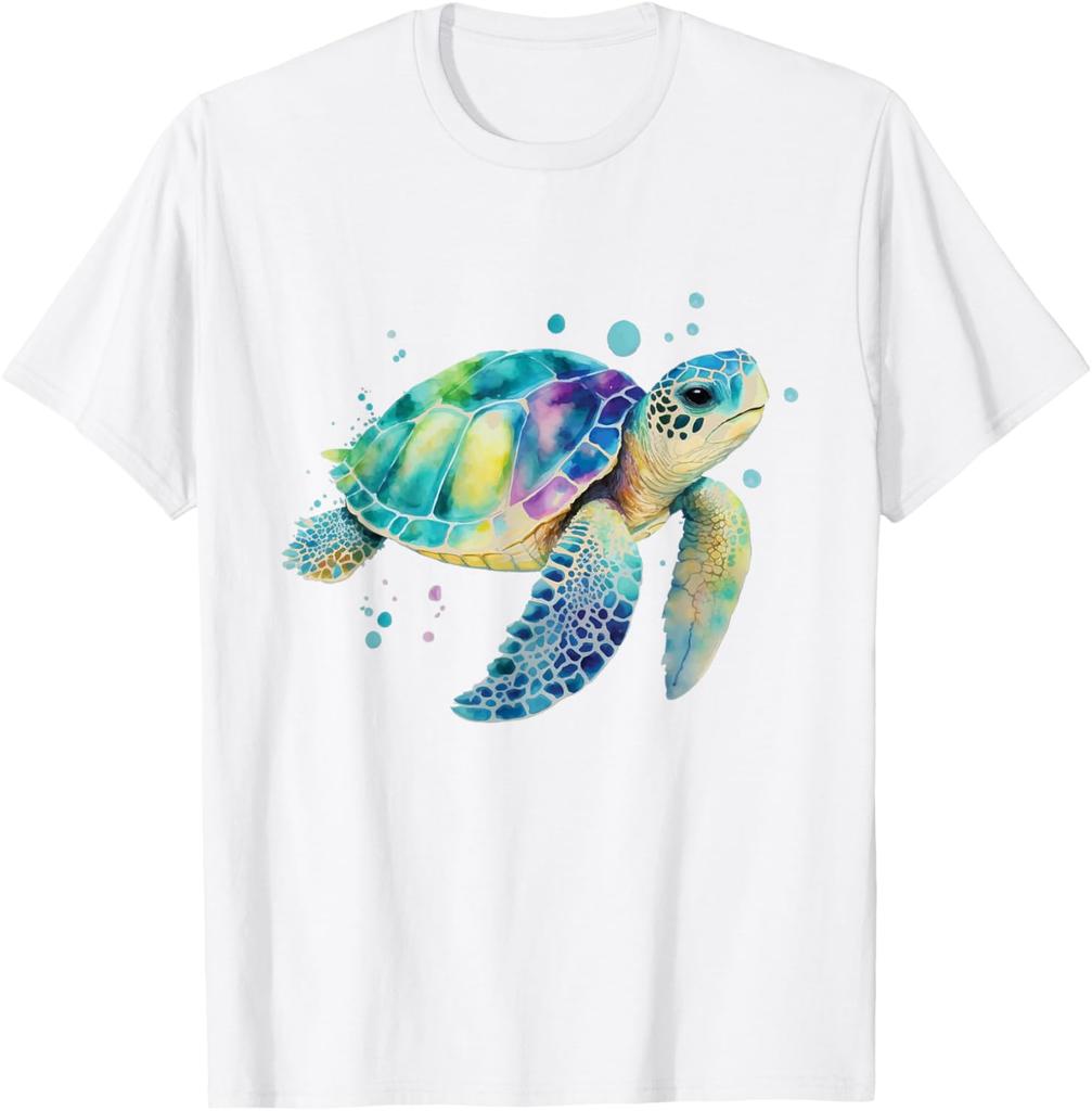 Watercolor Sea Turtle Graphic Tee Breathable Cotton Casual T-Shirt for Men Beach Trip
