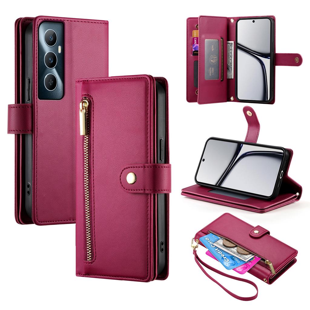 DF-011 For Realme C65 4G Case Zipper Pocket Wallet Leather Phone Cover with Straps