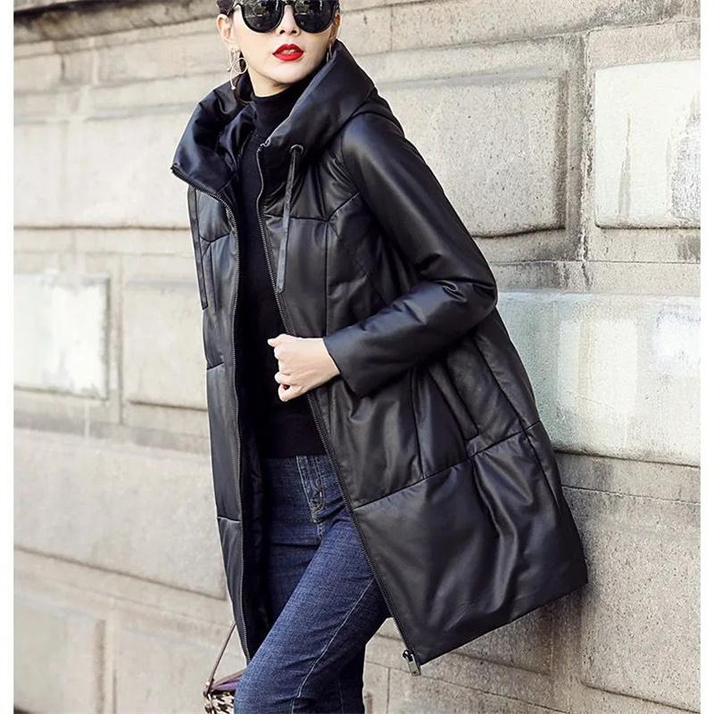 Black PU Leather Coat Hooded Down