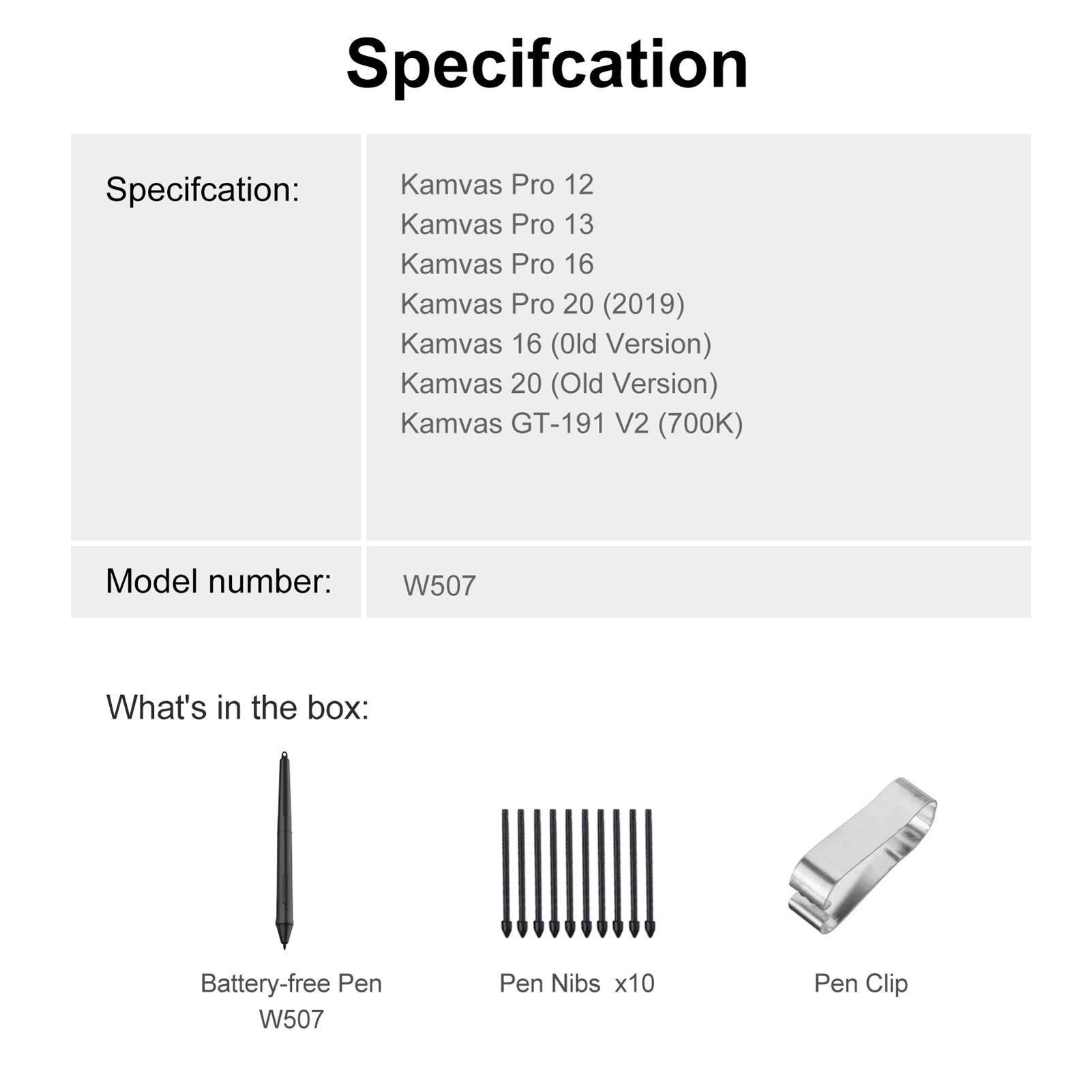 

W507 Battery Pen, 8192 Pressure Levels Passive Pen with 2 Customize Keys, Compatible with Kamvas Pro 12 13 16 20 Kamvas 16 20 Kamvas GT191
