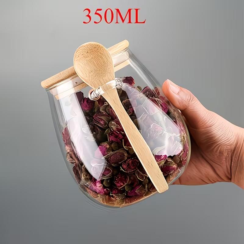 

Glass Storage Jar with Spoon Set Airtight Food Container Bamboo Lid Seasoning Jar for Coffee Sugar Tea Spice Kitchen Organizer 350ml