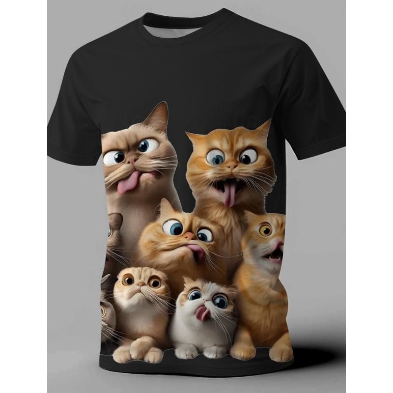 Summer Round Neck 3D Cat Print Top Fashionable Casual Short Sleeved Men's T-shirts