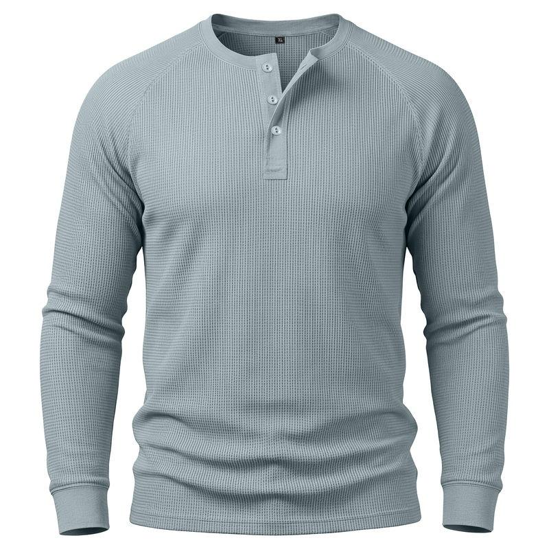 Men Waffle Knit Long Sleeve Henley Shirt S