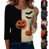 Women Casual Halloween Print Round Neck Three Quarter Sleeve T Shirt Top Lightweight Comfortable Fit Seasonal Design