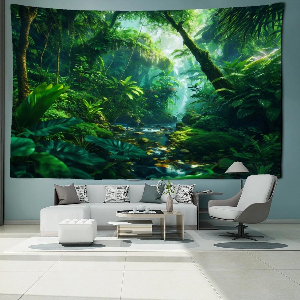 Green Tropical Forest Tapestry Wall Hanging Bohemian Hippie Minimalist Natural Art Room Bedroom Home Decor Background Cloth