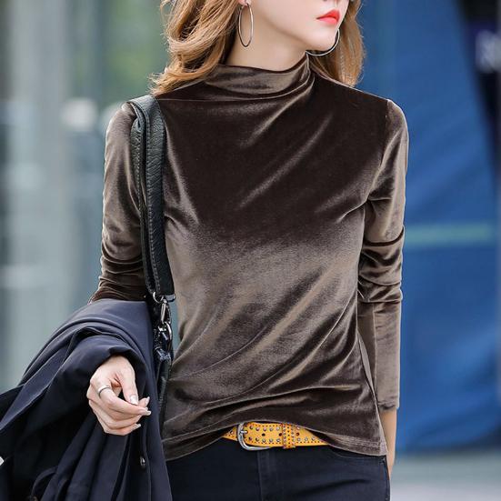 Half High Collar Long Sleeves Basic Top Women Autumn Winter Velvet Pure Color Bottoming Shirt
