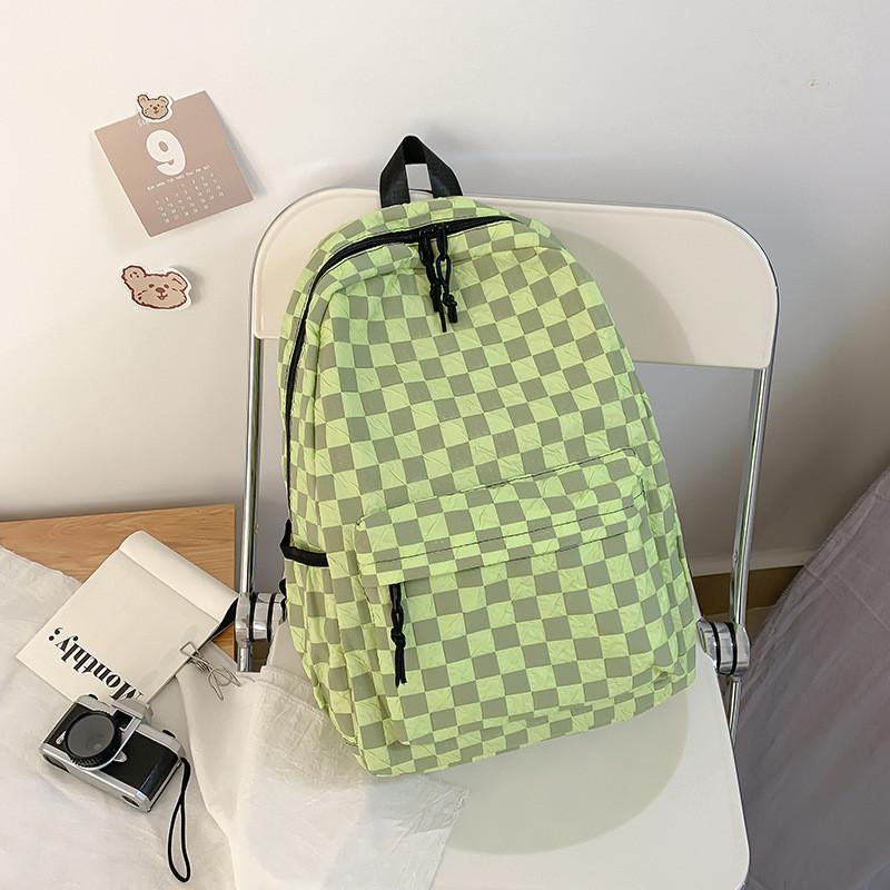 Chic Plaid Pattern Backpack For Girls Trendy And Versatile Nylon School Bag Green