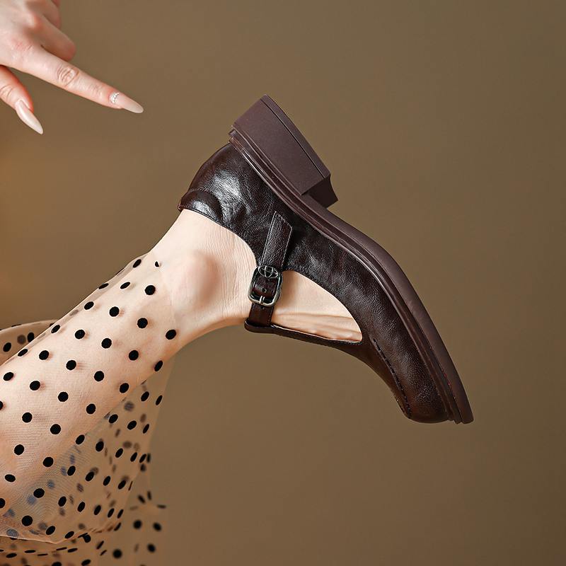 Krazing Pot Sheepskin Round Toe Size 42 Thick Med Heels Slip on Platform Gladiator Metal Buckle Autumn Pumps
