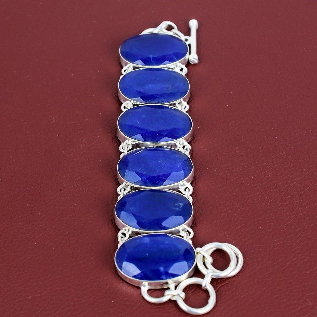 Faceted Blue Sapphire Bracelet Gemstone Bracelet 925 Sterling Silver Bracelet Adjustable Chain Bracelet Handmade Boho Jewelry Gifts for Mom