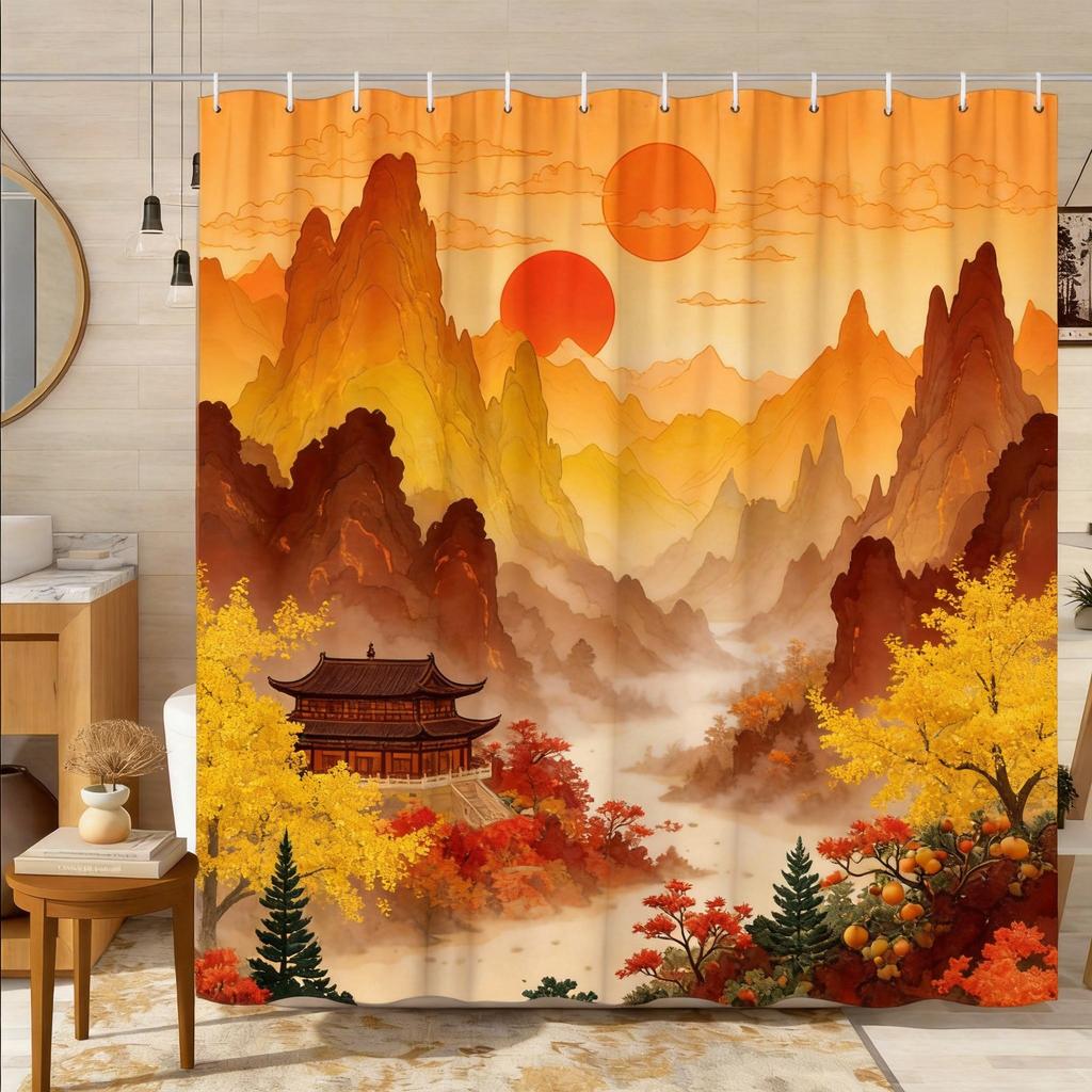 Chinese Landscape Shower Curtain Traditional Pavilion Mountain River Print Polyester Bath Curtain with Hooks for Zen Decor