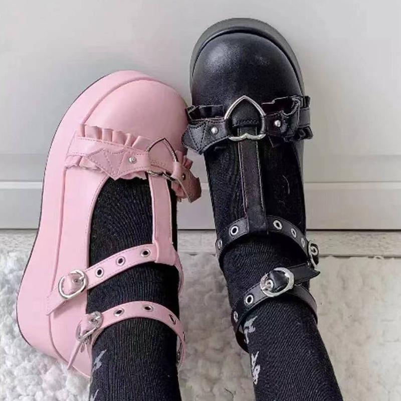 Sweet Heart Buckle Wedges Mary Janes Women Pink T -Strap Chunky Platform Lolita Shoes Woman Punk Gothic Cosplay Shoes 43