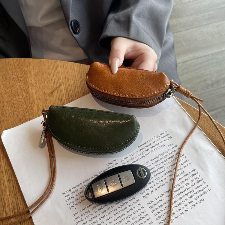 Vegetable-Tanned Leather Kisslock Mini Coin Purse - Versatile Neck-Hanging Dumpling-Shaped Wallet