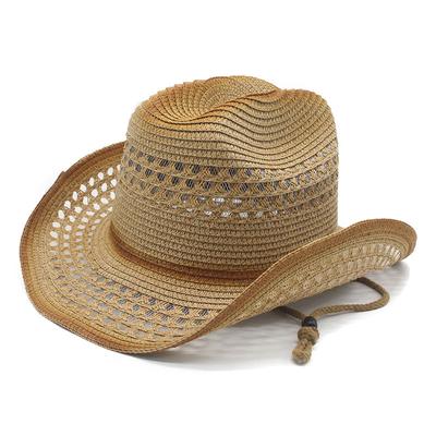One-word Top Fashion Woven Western Cowboy Hat Hollow Big Edge Men's and Women's Straw Hat Breathable Sunshade Beach Hat
