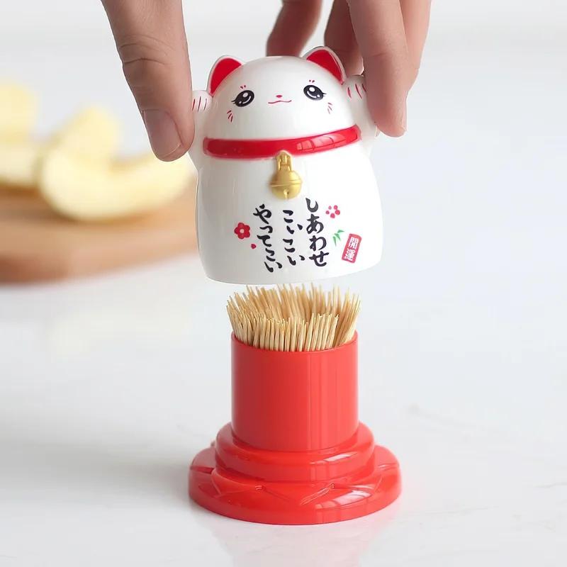 1 Pcs Plastic Toothpick Box Japanese Cartoon Lucky Cat Red Black Toothpick Holder Creativity Home Restaurant Storage Decoration