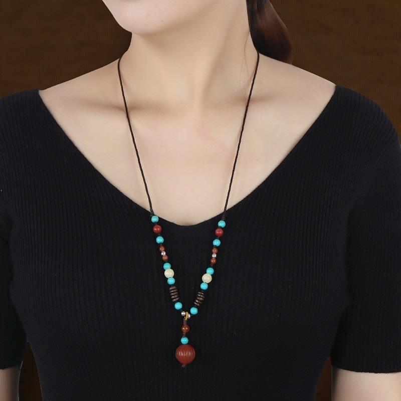 Vintage Nanhong agate necklace femininity long pendant Nepalese Tibetan adjustable collarbone chain summer